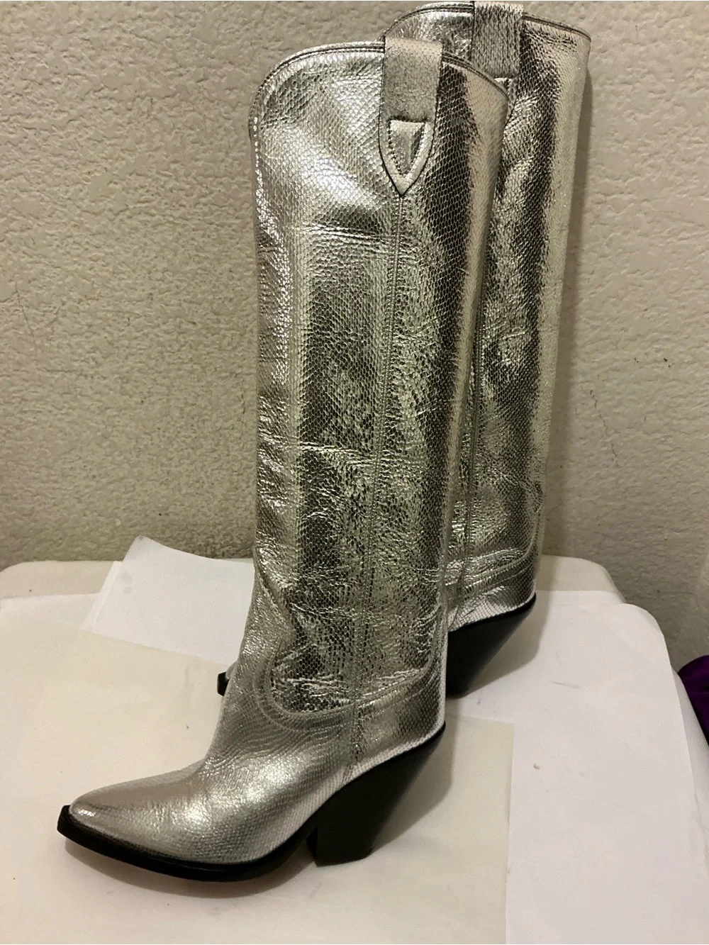 Isabel Marant Silver Metallic Lomero knee high leather boots 38
